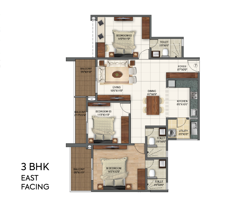 3 BHK floor plan